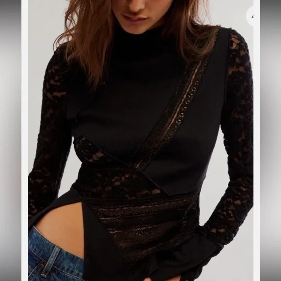 Free People Black Lace Long Sleeve Top - Picture 3 of 9
